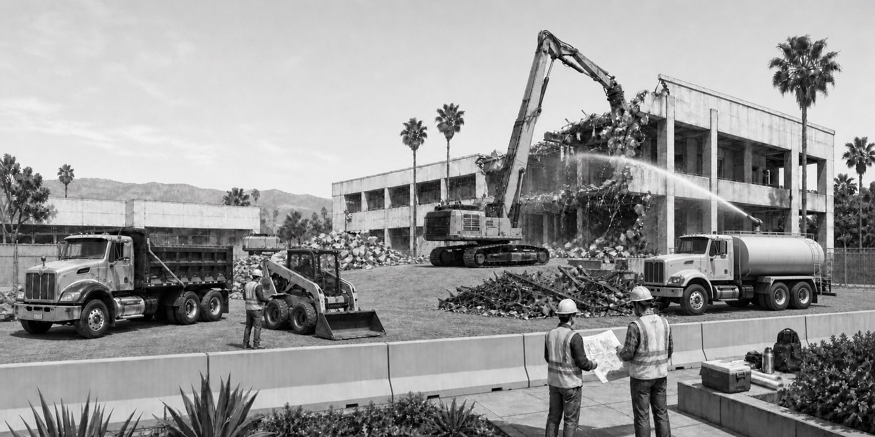 Controlled demolition and material-recovery operation in Southern California